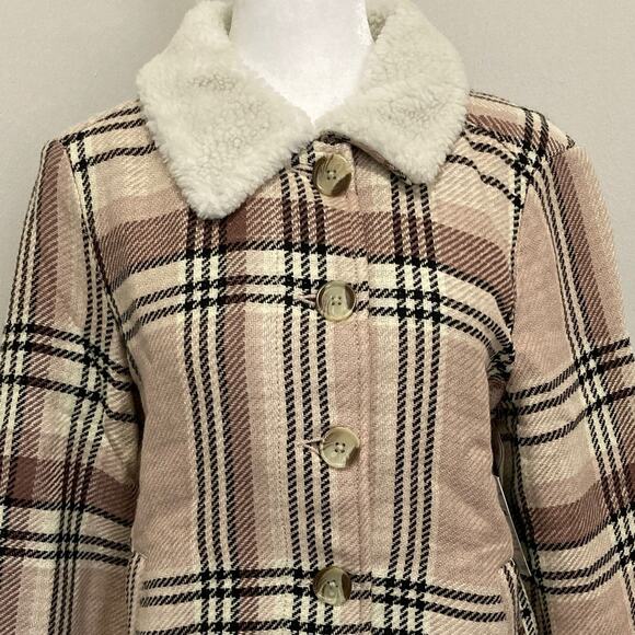Pink Plaid Faux Shearling Trim Jacket size S NWT Knit Pockets - Picture 2 of 9
